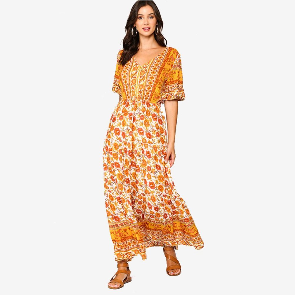 Gigio Floral Print Maxi Dress • NWT • Tiered Ruffles • Button Down • Boho Orange - Picture 2 of 5